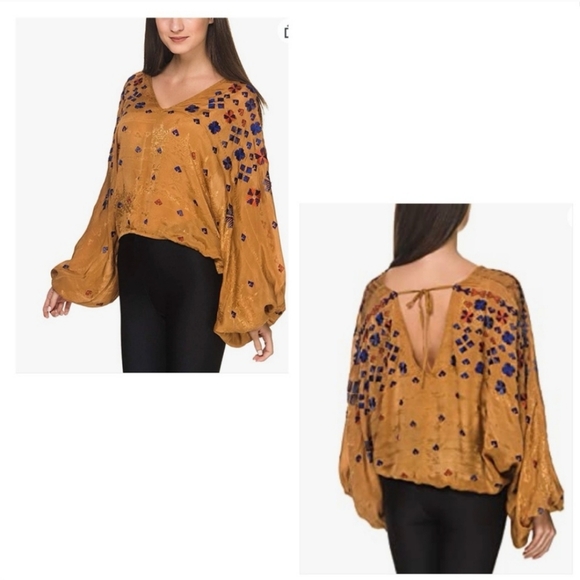 Free People Mustard Music In Time Embroidered Bishop Sleeve Top sz S - Picture 3 of 7